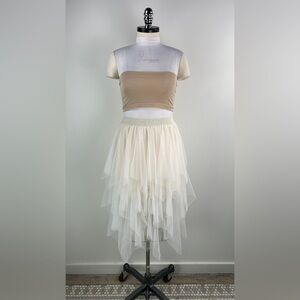 💚 3507. Tulle Mesh Tiered Cream Midi Skirt